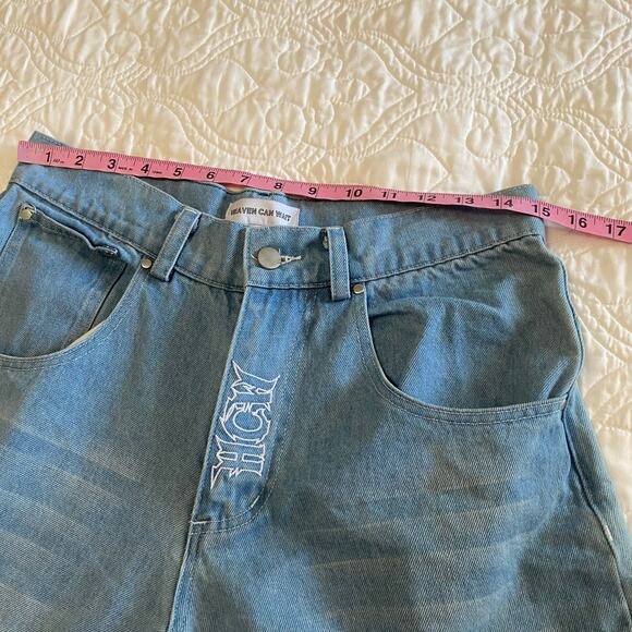 Heaven Can Wait Blue Embroidered Baggy Jeans Mens Size Small Goth Punk Skeleton - Picture 9 of 13